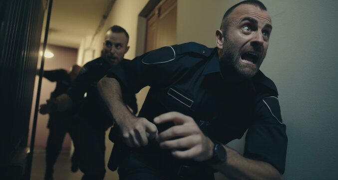 A man in a police uniform is running down a hallway. Generative AI.