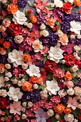 Flower wall background with amazing red, orange, pink, purple, green and white flowers.