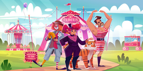 Circus actors in theme park. Vector cartoon illustration of clown in costume, female tamer with tiger and strongman inviting guests to funfair carnival, retro carousel, popcorn stall, city background - obrazy, fototapety, plakaty