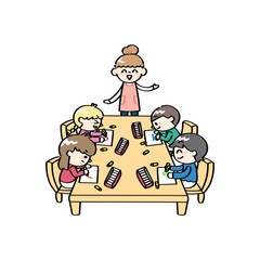 お絵描きする子供たちと保育士さん