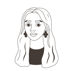 Portrait of woman with long hair in doodle hand drawn style. Avatar of girl, face, head, sketch, lines, outline for design. Simple icon isolated vector illustration.