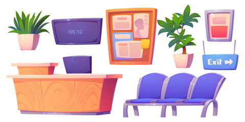 Interior elements of hospital reception - cartoon vector set of furniture for medical service and waiting room - desk with computer, chairs for patients to sit in, posters and decorative plants. - obrazy, fototapety, plakaty