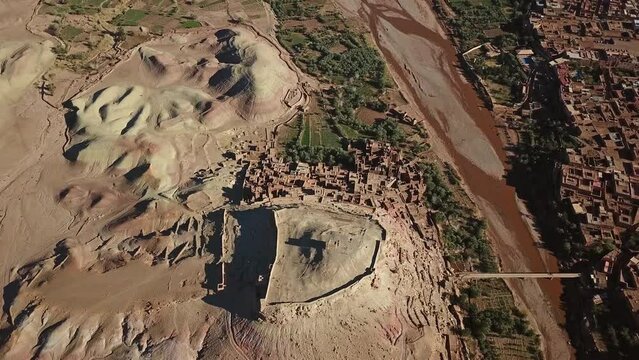 Aerial top view on Kasbah Ait Ben Haddou in the Atlas Mountains, Morocco, 4k