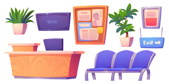 Interior elements of hospital reception - cartoon vector set of furniture for medical service and waiting room - desk with computer, chairs for patients to sit in, posters and decorative plants.