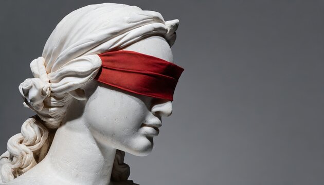 Generated image of a stone statue of a greek woman wearing a bright red blindfold