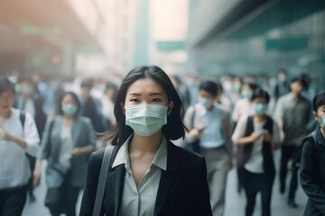 Fototapeta na wymiar Asian businesswoman wearing a face mask to protect against the COVID-19 virus in the city.Generative AI