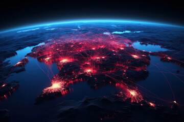Continents aglow Earth illuminated by urban lights and stars. An AI Generative glimpse into the modern world's vibrant interconnectedness.
