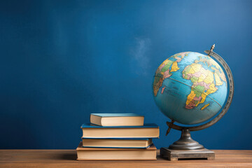 Journey through learning Globe model on textbooks, merging travel and education. AI Generative marvel elevates the scholarly essence.