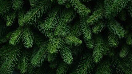 Fototapeta na wymiar Beautiful Christmas Background with green pine tree brunch close up, trendy moody dark toned design for seasonal quotes