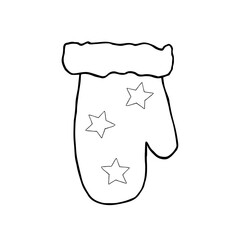 Christmas mitten with stars. Outline drawing. Hand drawn vector illustration. Design element. For coloring, cards, prints, packaging, invitations, business cards, advertising