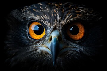 Beautiful photo of a majestic bald eagle’s eyes, extreme macro close up of an eye, black background