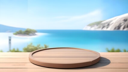 Obraz na płótnie Canvas an empty round table on a wooden deck overlooking the ocean, a raytraced image, photorealism, island background, round background, ocean background setting, horizontal resolution. Generative Ai