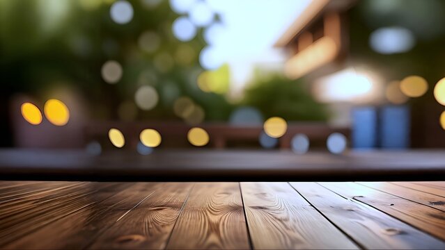 empty wooden table with blurred background, a raytraced image, ptorealism, blurred environment background, bokeh background, soft blur outdoor background. Generative Ai