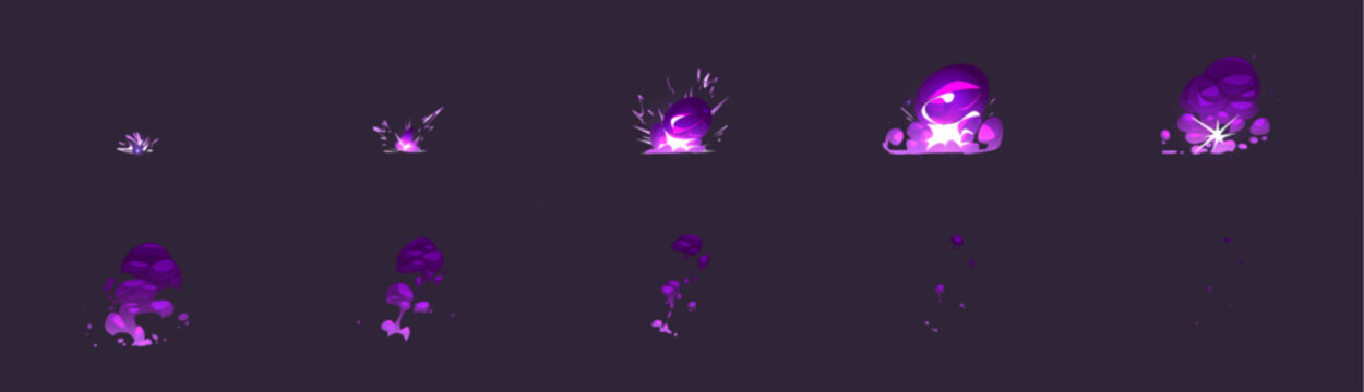Magic explosion with purple flash and steam sprite sheet for 2d animation. Cartoon vector set of sequence for explosive effect with fire, smoke and sparkles. Energy of bomb or dynamite blast clouds.
