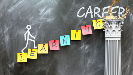 Learning leads to Career - a metaphor showing how learning makes the way to reach desired career. Symbolizes the importance of learning and cause and effect relationship.,3d illustration