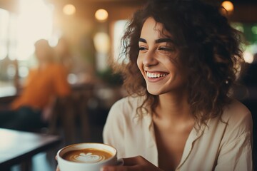 Close-up of a happy young woman enjoying a cappuccino in a coffee shop; Aromatic and cheerful delight for coffee - obrazy, fototapety, plakaty