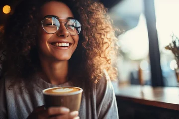 Foto op Plexiglas Close-up of a happy young woman enjoying a cappuccino in a coffee shop  Aromatic and cheerful delight for coffee © LaxmiOwl