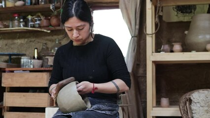 Mapuche Potter woman making clay pot. Craftswoman hands working. Concept of creativity and indigenous rustic art.