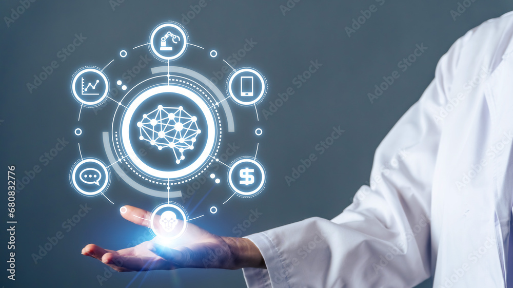 Poster AI (Artificial Intelligence) concept. Deep learning. IoT (Internet of Things). ICT (Information Communication Technology).