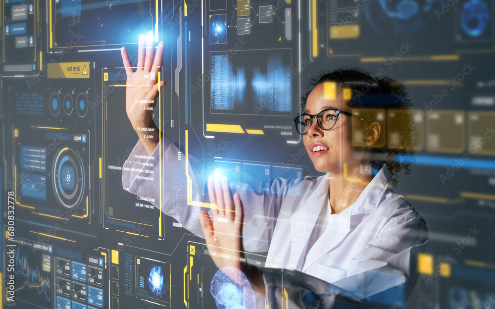 Poster A woman operating a hologram interface. Graphical user interface. Head up display. Science technology.