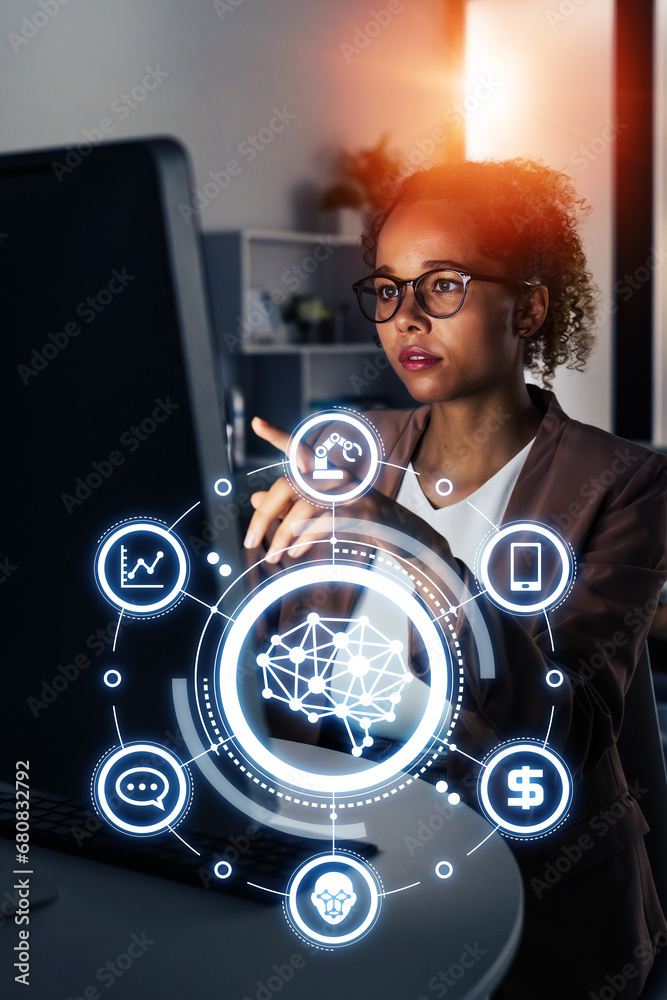 Poster AI (Artificial Intelligence) concept. Deep learning. IoT (Internet of Things). ICT (Information Communication Technology).