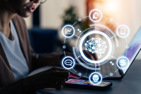 オフィスで働く女性とAI・人工知能イメージ