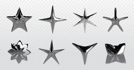 Chrome y2k stars of various shapes - 3d realistic vector illustration set of silver inflatable liquid metal abstract forms. Graphic design elements made of glossy steel or mercury with reflections. - obrazy, fototapety, plakaty
