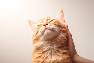 The cat is a long-haired tabby with its eyes closed in contentment. The person's hand is gently cupping the cat's head, and the cat's fur is soft and fluffy.
