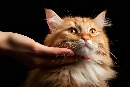 Close-up of a person petting a red Siberian cat's face. The cat is looking directly at the camera with its green eyes, and it appears to be very happy.