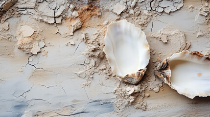 Fototapeta na wymiar Wide photo of beautiful white and brown color sea shells and pebbles on beach sand 