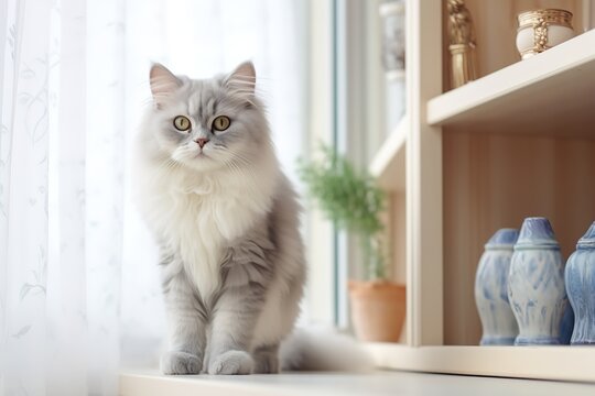 Close-up photo of a fluffy white cat with blue eyes sitting on a windowsill, looking directly at the camera. The cat has big, round eyes and a curious expression.