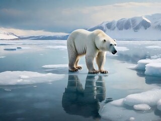 Polar bear on the ice floe in Arctic. AI.