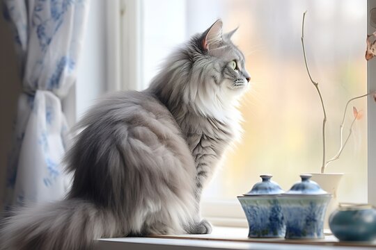 Close-up photo of a fluffy white cat with big, blue eyes and a pink nose sitting on a windowsill, looking directly at the camera