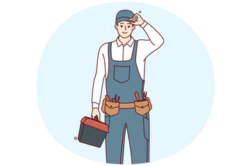 Smiling young maintenance worker in uniform with tools in hands. Happy male repairman or mechanic with box of instruments and equipment. Vector illustration.