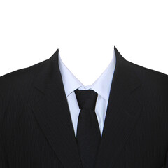 Black jacket, white shirt, black tie. No background. Men's business suit.