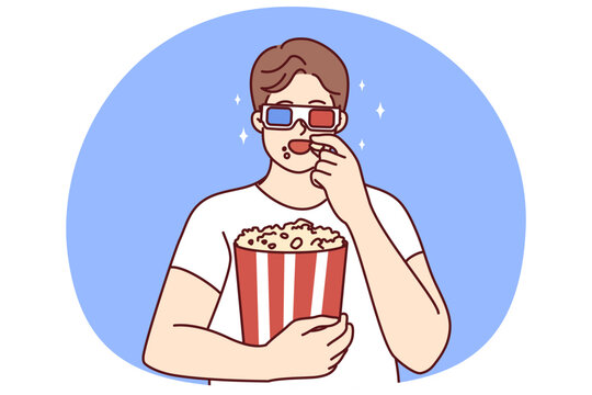 Happy young man in 3D glasses eating popcorn watching movie in cinema. Smiling male have snack enjoy film in theater on weekend. Entertainment. Vector illustration.