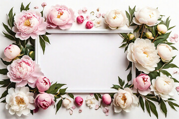 White frame on white background with peonies, flowers and leaves with copy space in the middle