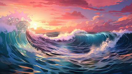 Wzburzone fale na morzu o wschodzie słońca. - obrazy, fototapety, plakaty