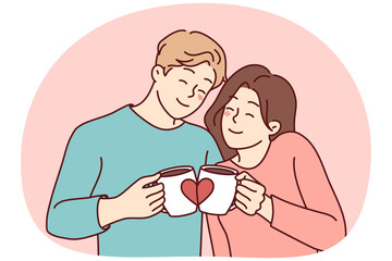Obraz premium Happy couple hugging drinking coffee from lovers mugs. Smiling man and woman embrace enjoy morning tea from cute cups. Vector illustration.