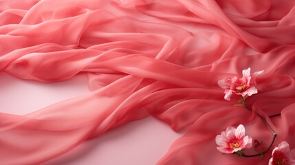 Pink spring flowers on red silk background. Valentine's day backdrop. 