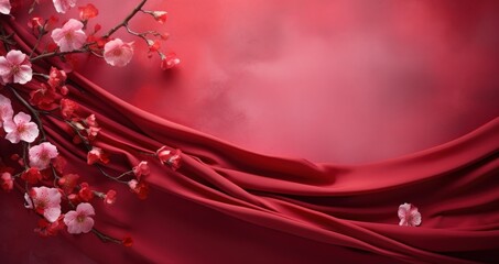 Pink spring flowers on red silk background. Valentine's day backdrop. 