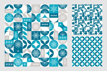 Set of Christmas seamless patterns with geometric ornament in blue colors, snowflakes and Christmas trees