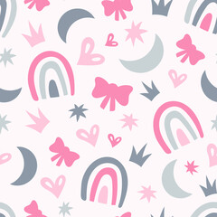 Rainbow heart crown star seamless pattern. Cute childish pastel colored endless background with pink and gray princess elements. Repeat vector illustration for girls