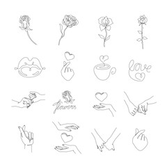 Love set, inspirational mini tattoo, heart an flowers continuous line drawing, valentines, mother day, print for clothes and logo design, isolated vector illustration.