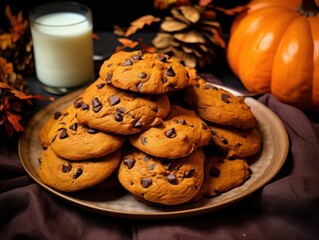 Cookies with pumpkin, walnuts and dark chocolate. Delicious homemade dessert.