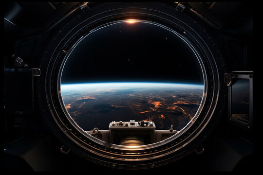 View of the planet from the porthole. Generative AI