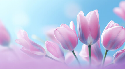 Pink tulips on blue background