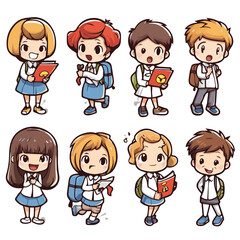 Collection of vector illustrations of cute schoolchildren, cartoon characters on white background.