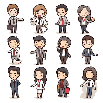 Collection of vector illustrations of cute cartoon businessmen on white backgrounds.