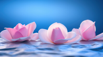 Pink roses petals on a blue bokeh background.